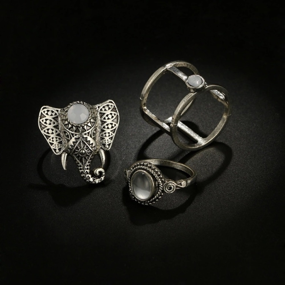 🛍 3pc Elephant Tribal Boho Silver Midi Rings Set - Picture 4 of 8